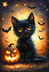 a small black kitten with big clear and kind eyes, next to a pumpkin, on a fiery background with bats, on Halloween,