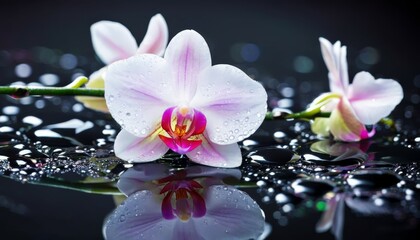 the orchid is white with pink lying on a black background in sparkling water droplets