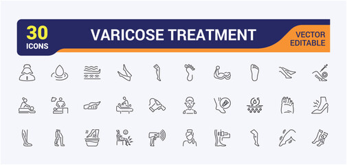 Varicose Treatment icon set. Includes thin line vein, wom, foot, medicine, pack, pressure and more. Minimal linear icons. Editable vector icon and illustration.