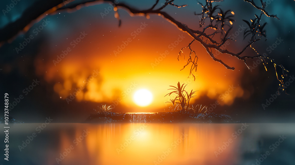 Poster a dark forest with a window in the middle of it. the window is open and the sun is setting