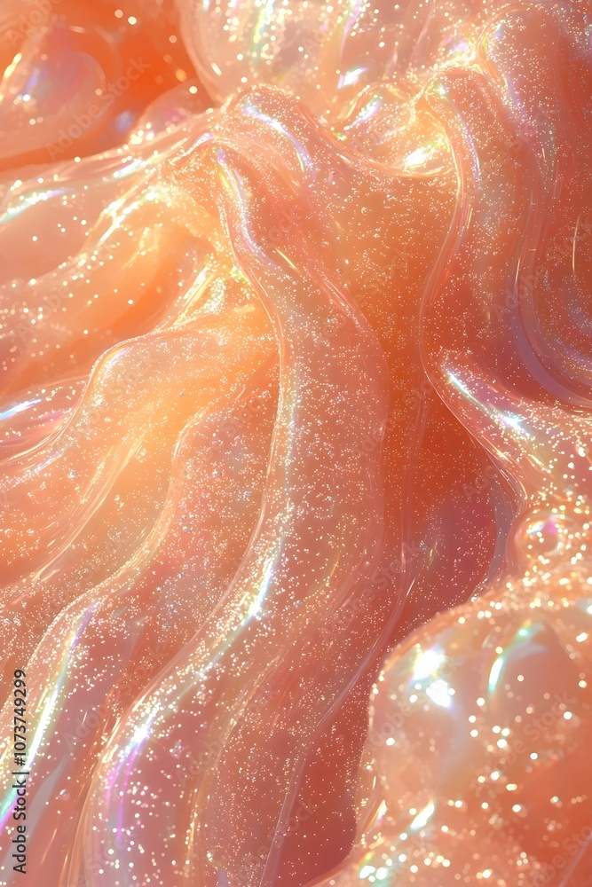 Poster an abstract close-up of shimmering peach-colored gel with iridescent sparkles, creating a fluid and 