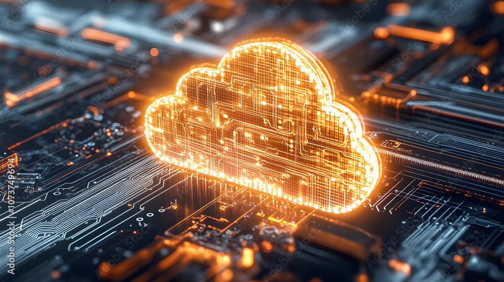 Poster a glowing digital cloud icon hovers above intricate circuitry, symbolizing cloud computing and data 