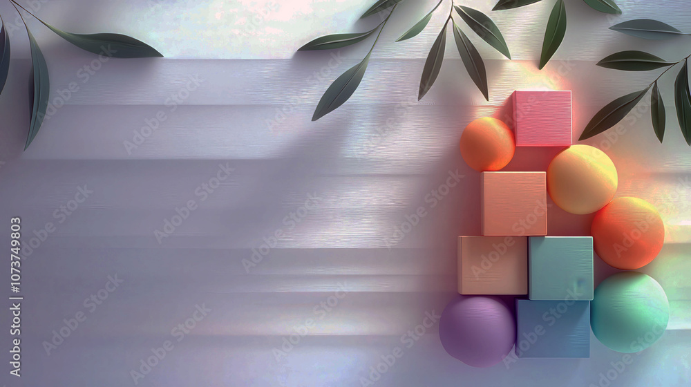 Poster a colorful arrangement of blocks and balls on a white background. the blocks are arranged in a pyram