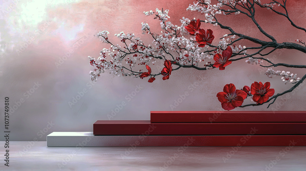 Poster a display of three boxes with pink flowers in the middle. the boxes are of different colors and size