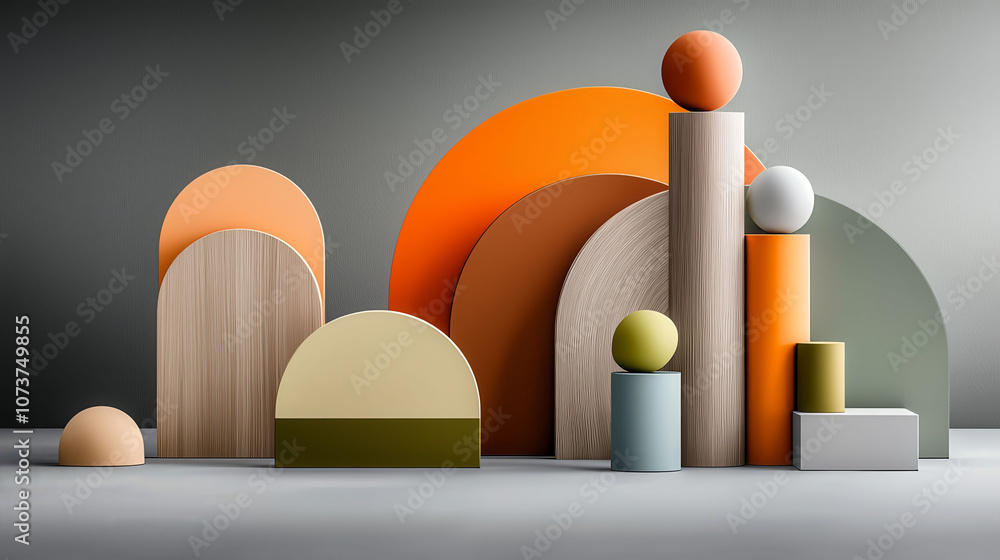 Poster a large orange circle is on a wall next to a white vase with a tree in it. the circle is surrounded 
