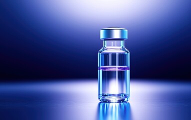 A clear glass vial containing a liquid substance, illuminated with soft blue lighting, creating a serene and scientific atmosphere, isolated on a simple background.