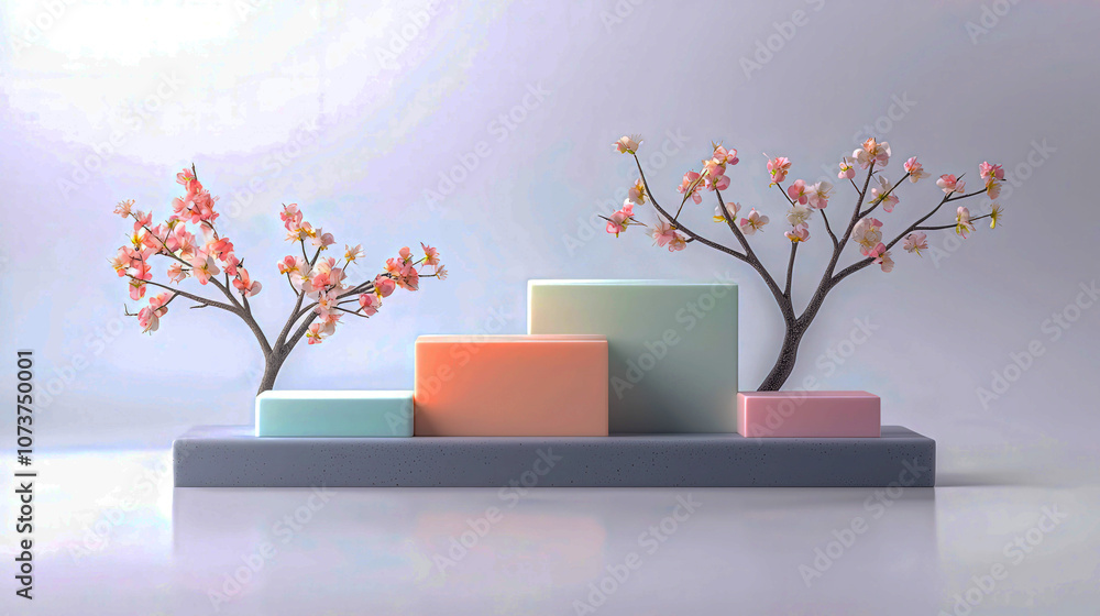 Poster a display of three boxes with pink flowers in the middle. the boxes are of different colors and size