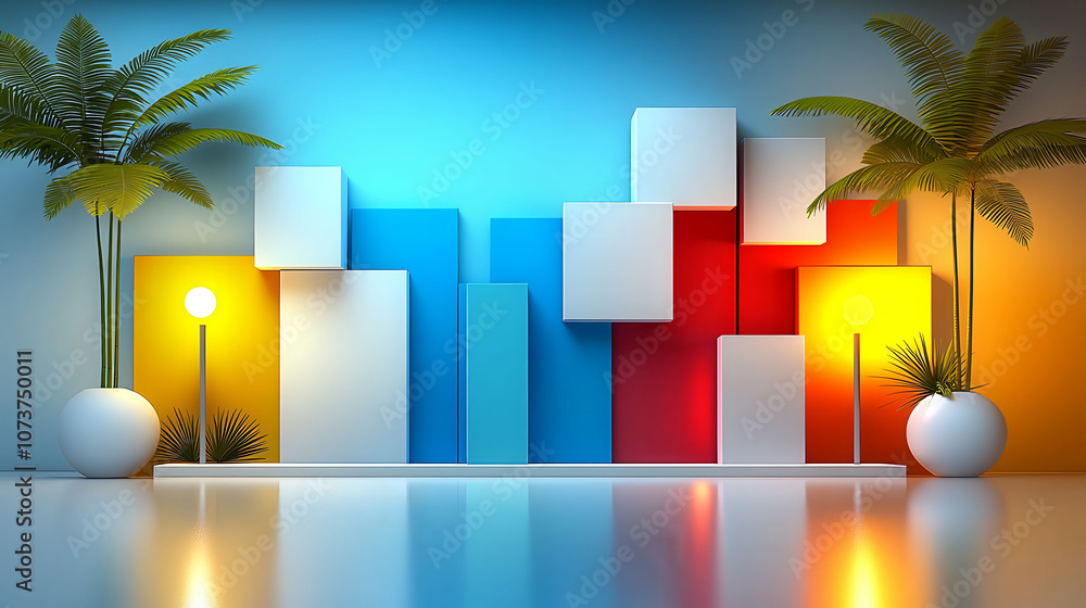 Poster a colorful display of balls and cylinders arranged in a way that suggests a graph or chart. the colo
