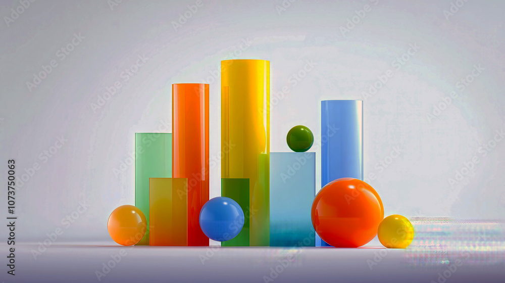 Poster a colorful display of balls and cylinders arranged in a way that suggests a graph or chart. the colo