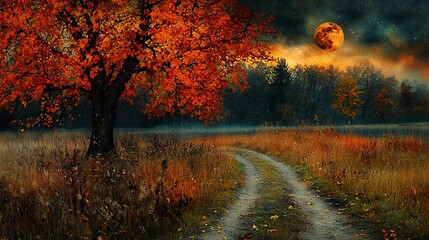 Fototapeta premium Painting depicts a dirt road leading to a tree under the glow of a full moon, while a full moon also graces the night sky