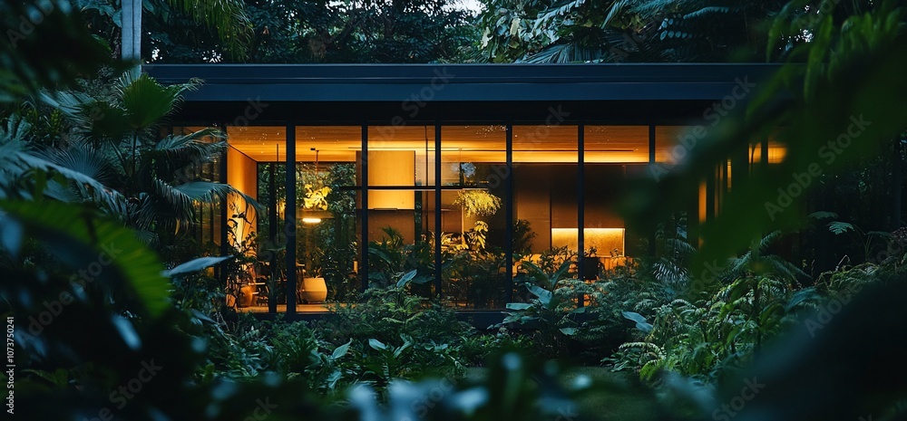 Aufkleber a modern home with large windows is nestled in a lush green forest, illuminated from within by warm 