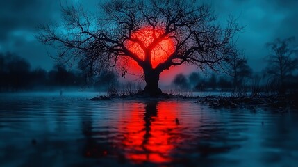 Obraz premium A red sun shining on a lone tree standing in the center of a body of water