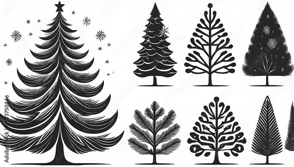 Poster  A set of Christmas tree silhouettes and pine icons in various shapes and sizes as monochrom_1(195)