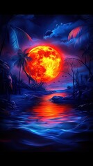 Obraz premium A painting depicts a sunset on water with palm trees in the foreground and a full moon in the background