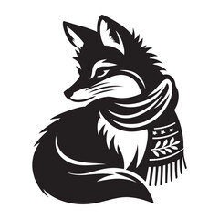  Winter Fox with a Scarf Silhouette  vector art black color and solid white background
