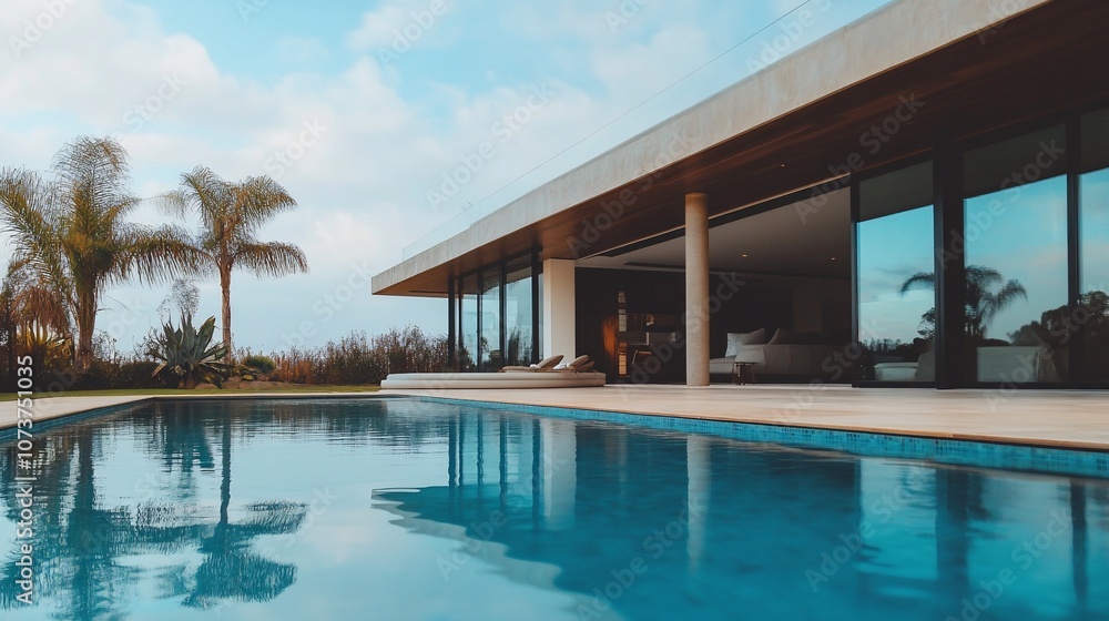 Poster a modern house with a swimming pool in front of it. the house has large windows and a wooden deck. t