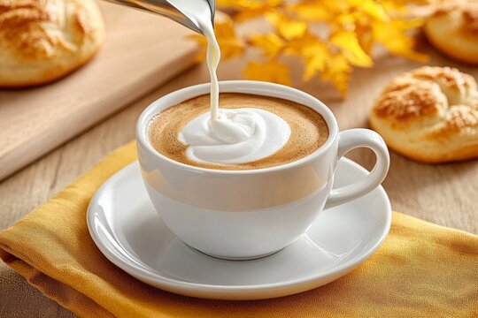 Barista pouring cream into a cup of dark coffee with pastries on a wooden table and yellow napkins