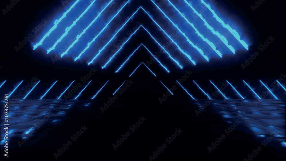 Poster abstract colorful background with bright neon beams and glowing lines reflecting on the floor. clean