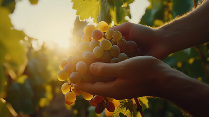 Farmer i vineyard checking and picking grape fruit in Farm, product for wine