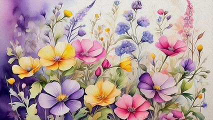 Absolutely unique and original colorful background. Field flowers in yellow, pink and purple colors, painted in oil. The pleasant texture of the brush strokes makes graphic wallpapers very original. 