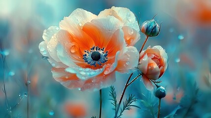   An orange-white flower with water droplets on its petals and a blue sky in the backdrop