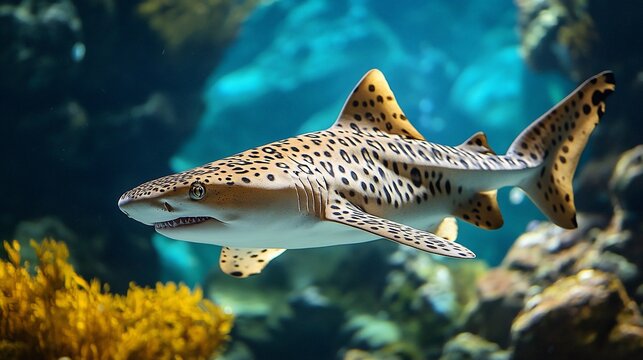 A leopard shark swims gracefully through an aquarium tank, showcasing its distinctive spotted pattern against a backdrop of blue water and yellow coral.