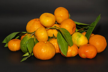 Freshly Picked Tangerines on Dark Background. Close-up of freshly picked tangerines with leaves on a dark background, highlighting their vibrant color and texture.