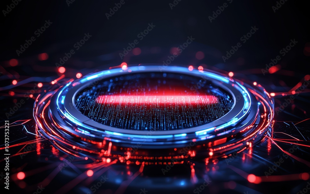 Poster futuristic technology background featuring a glowing circular interface with red and blue lights, su