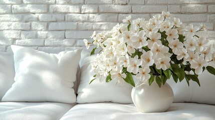 A serene arrangement of white flowers in a vase on a white couch against a textured wall.