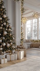  Luxurious room adorned with Christmas decorations, featuring a grand tree and golden lights, creating an elegant holiday atmosphere.