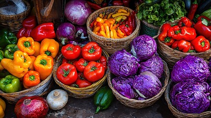 Fototapeta premium Fruit and vegetables overflow in several baskets atop the table