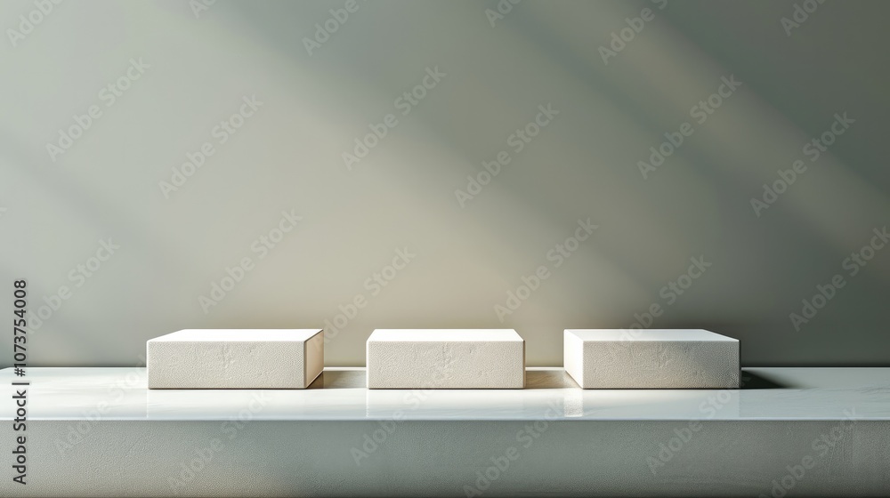 Poster A minimalist and elegant background for product presentation with a soft green color, empty space in the middle of the picture, and three cube-shaped podiums on it.