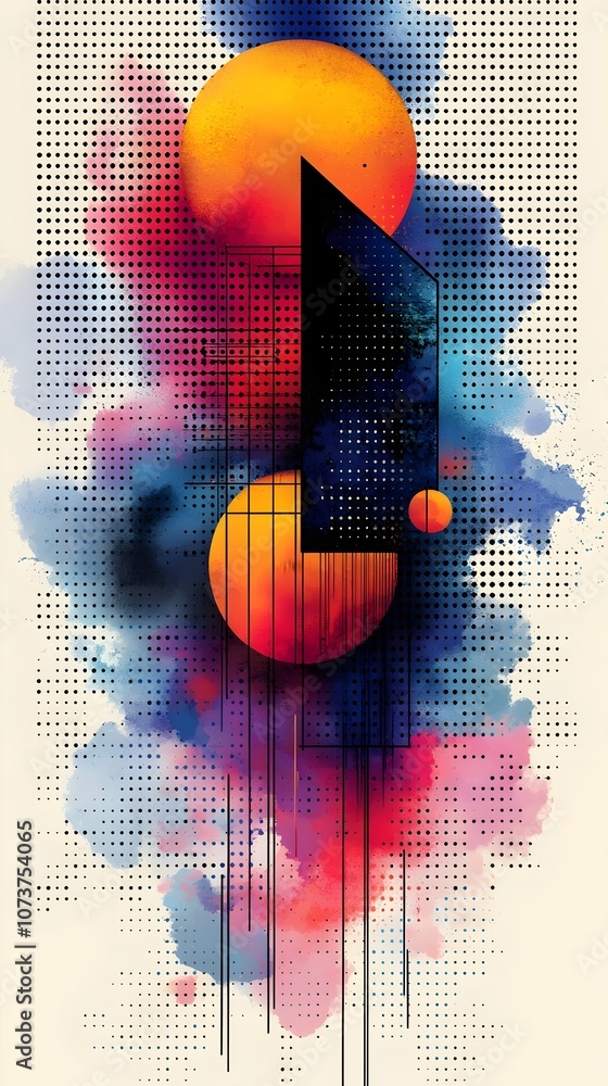 Poster A vibrant abstract artwork featuring bold geometric shapes in striking oranges and blues, set against a soft watercolor background, creating a dynamic visual experience.