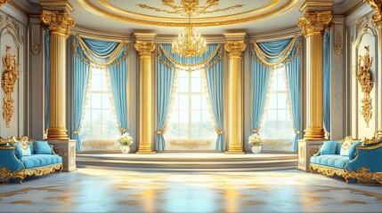 Obraz premium A grand, opulent room with three large windows, gold trim, and blue velvet furniture.