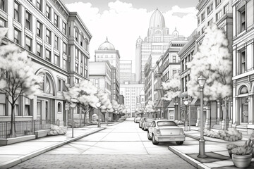 Black and white clean coloring page for adults, street shot of downtown, Moscow