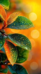  A sharp image of a green leaf with droplets of water on its surface The surroundings are blurred in hues of orange, yellow, and green leaves