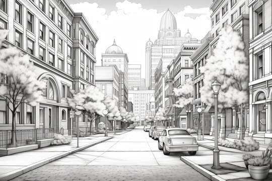 Black and white clean coloring page for adults, street shot of downtown, Moscow