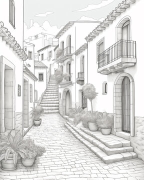 Fototapeta Black and white clean coloring page for adults, spanish village