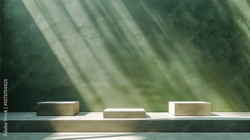 Poster A minimalist and elegant background for product presentation with a soft green color, empty space in the middle of the picture, and three cube-shaped podiums on it.