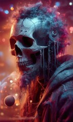 A stunning, futuristic depiction of a robotic skull with vibrant colors and cosmic elements, perfect for sci-fi themes, art projects, and creative design.