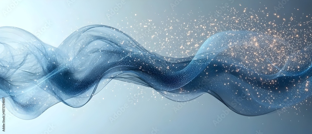Poster an ethereal wave of blue fabric-like material flows gracefully across the image, adorned with shimme