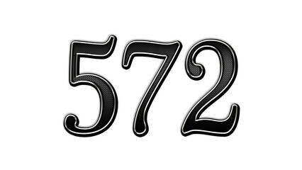 black metal 3d design of number 572 on white background.