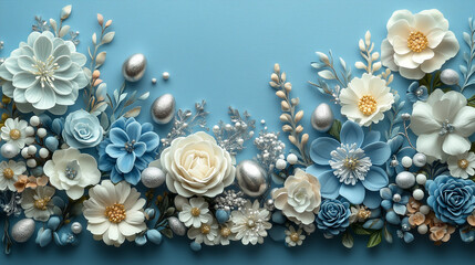 Fototapeta premium Charming display of silver and pastel Easter eggs surrounded by an array of blue and white flowers on a soft blue background