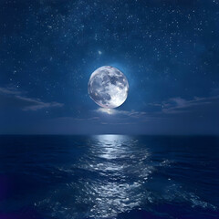 night ocean landscape full moon and stars shine