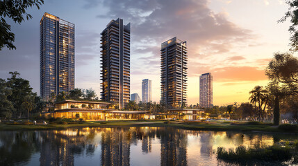 Modern skyscrapers reflecting in a tranquil lake at sunset, surrounded by lush greenery, illustrating urban nature harmony.