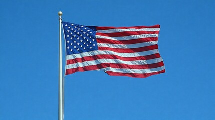 American flag waving in the wind against a clear blue sky.