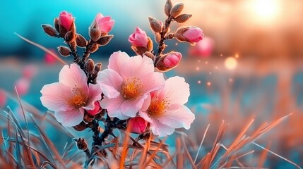   A lush green field with two pink flowers resting on top, surrounded by a serene body of water