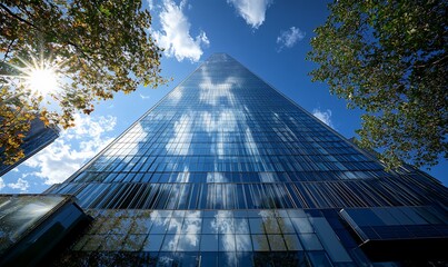 A tall glass skyscraper with a mirrored facade reflecting the blue sky and fluffy clouds. The sun shines brightly behind the building, creating a lens flare effect.