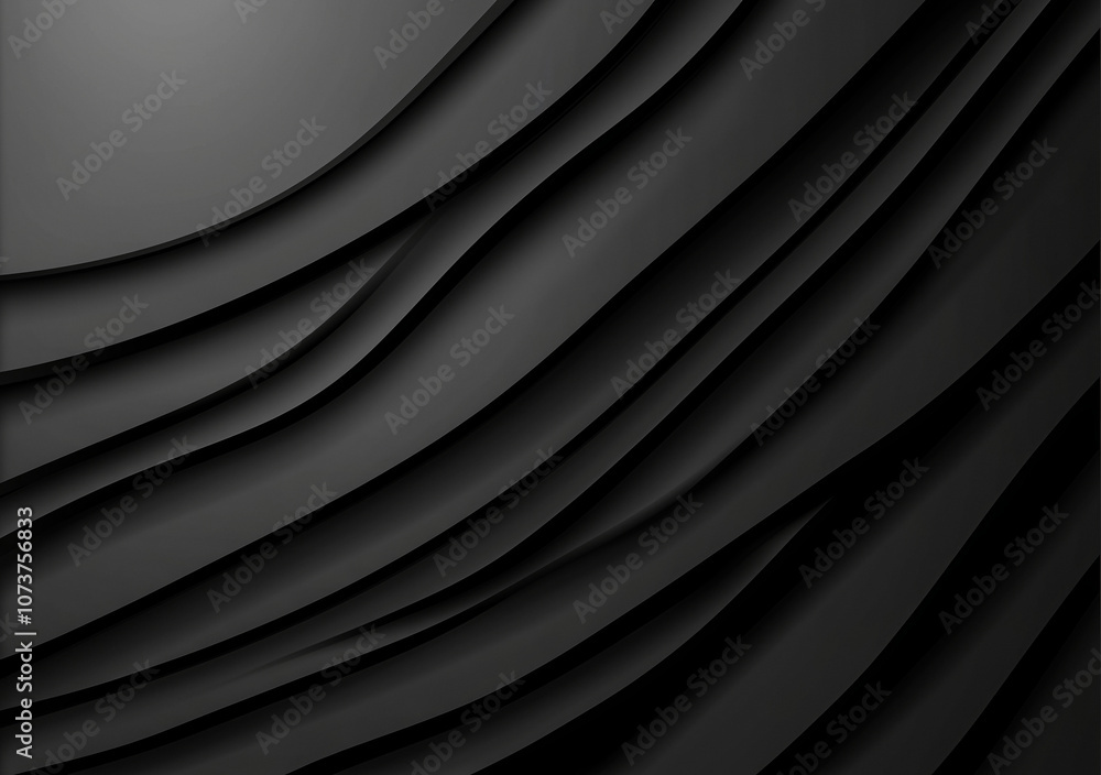 Poster abstract black background with smooth, flowing, layered waves, creating a sense of depth and texture
