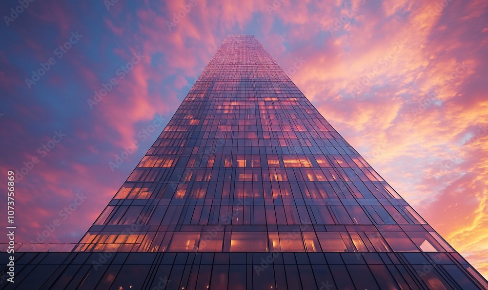 Poster a tall skyscraper with glowing windows against a backdrop of colorful sunset clouds.